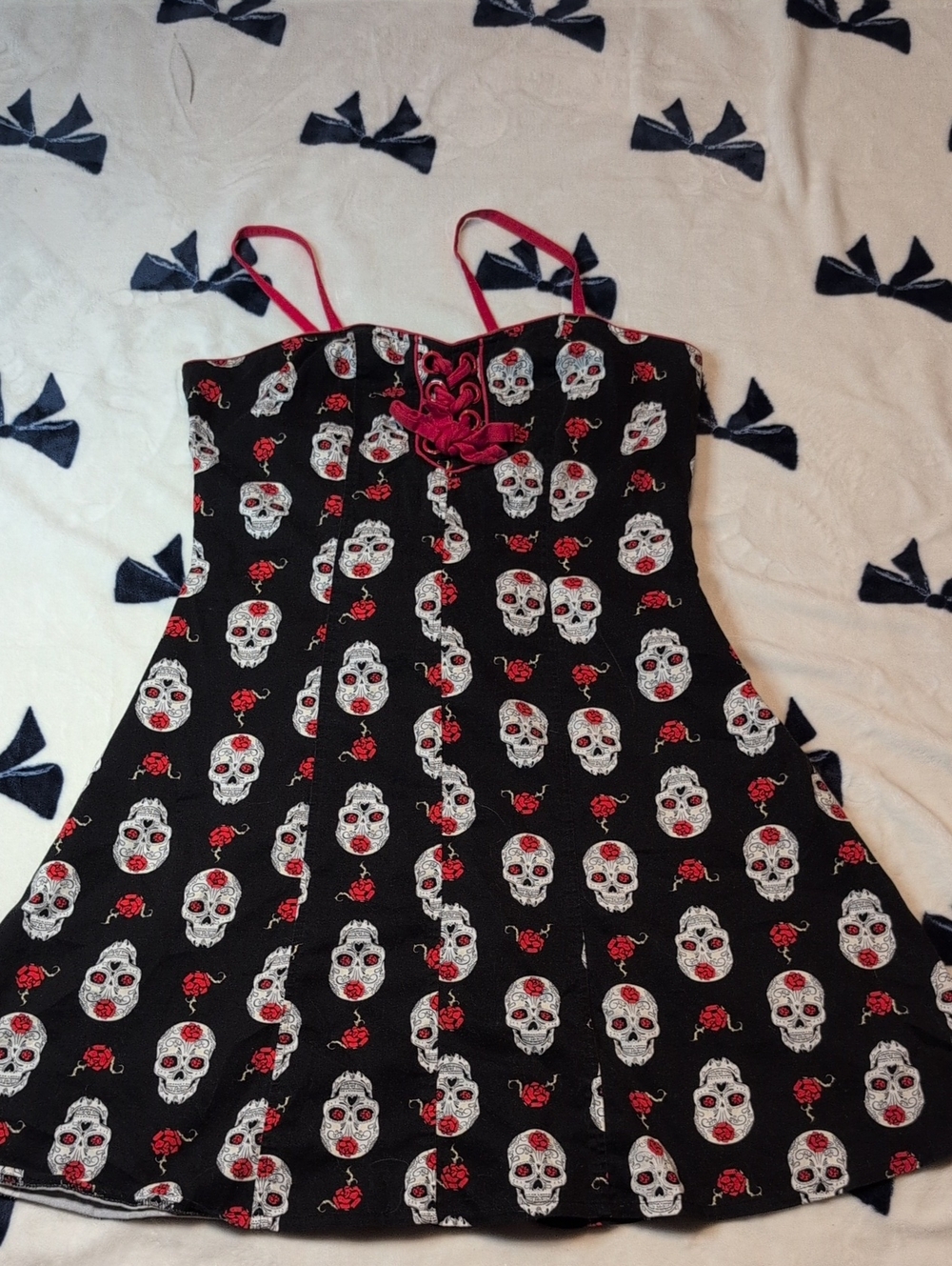 Black Skull & Red Rose Lace-Up Spaghetti Strap Dress